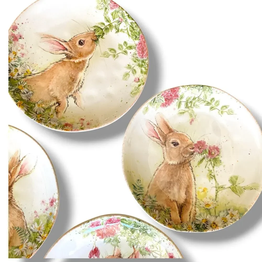 Southern Living Bunny 8.5” Salad Plate 4Pc Glazed Ceramic Bunnies Flowers Easter - Picture 2 of 10